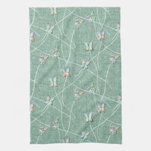 Watercolor Butterflies on Mint Green Tea Towel