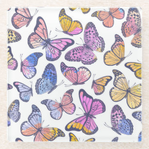 Watercolor Butterflies: Pastel Vintage Pattern. Glass Coaster