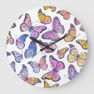 Watercolor Butterflies: Pastel Vintage Pattern. Large Clock