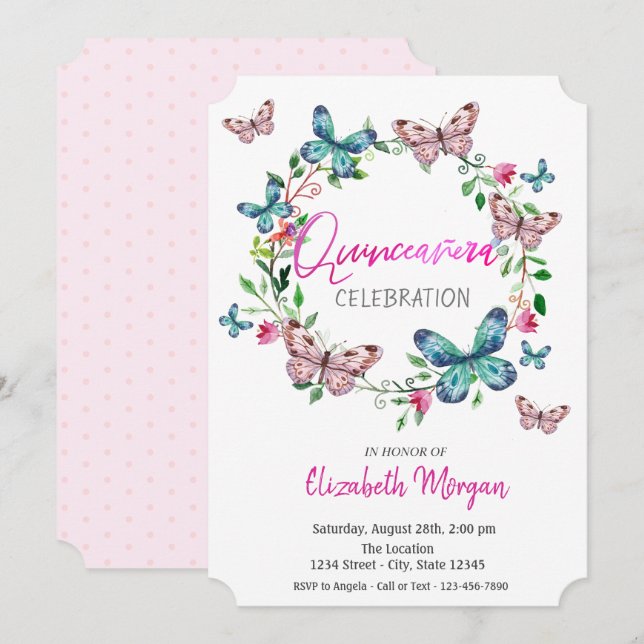 Watercolor Butterflies Pink Dots Quinceanera Invitation (Front/Back)