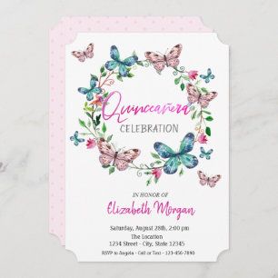 Watercolor Butterflies Pink Dots Quinceanera Invitation