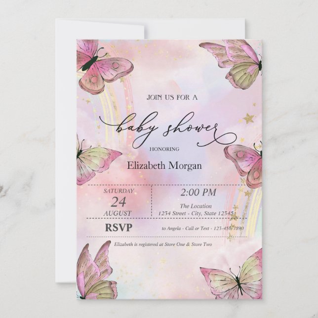 Watercolor Butterflies Rainbows Baby Shower Invitation (Front)