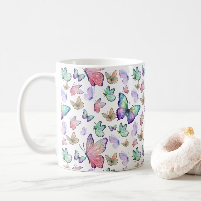 Watercolor Butterflies Seamless Pattern Coffee Mug (With Donut)