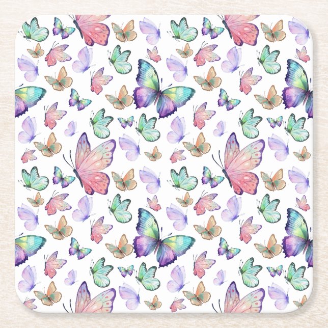 Watercolor Butterflies Seamless Pattern Square Paper Coaster (Front)