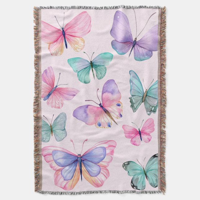 Watercolor Butterflies Throw Blanket (Front Vertical)