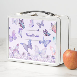 Watercolor Butterflies Wildflowers Garden Lilac Metal Lunch Box