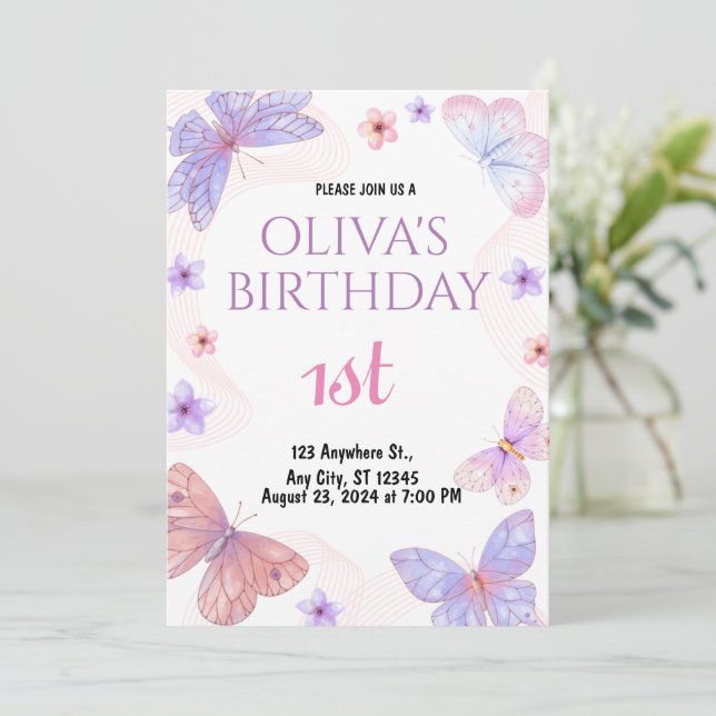 Watercolor Butterfly 1st birthday invitation (Standing Front)
