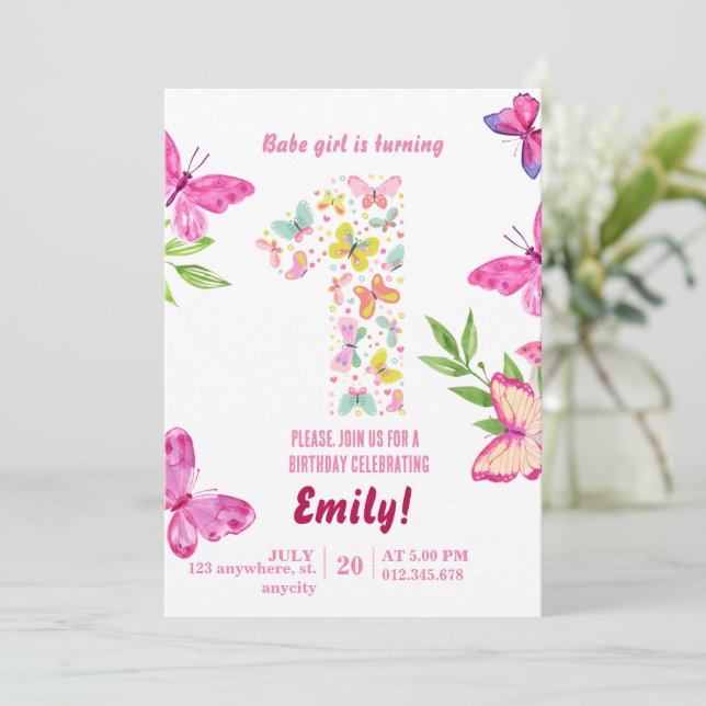 Watercolor Butterfly 1st birthday invitation  (Standing Front)