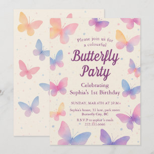Watercolor Butterfly 1st Birthday Party Invitation