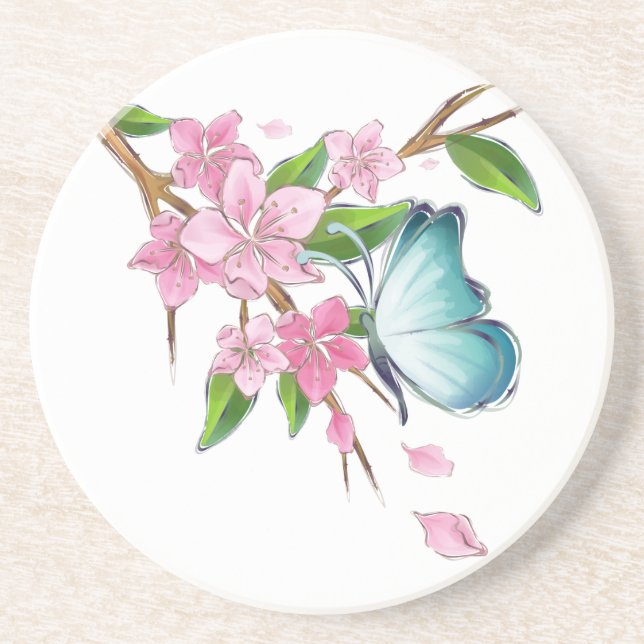 Watercolor Butterfly and Blossoms Coaster (Front)