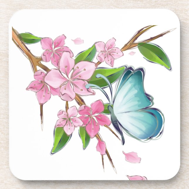 Watercolor Butterfly and Blossoms Coaster (Front)