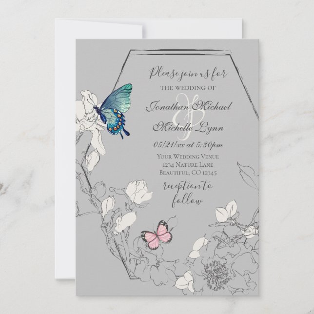 Watercolor Butterfly and Flower Geometric Wedding Invitation (Front)