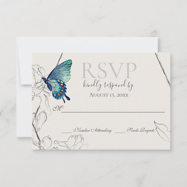 Watercolor Butterfly and Flower Geometric Wedding RSVP Card (Front)