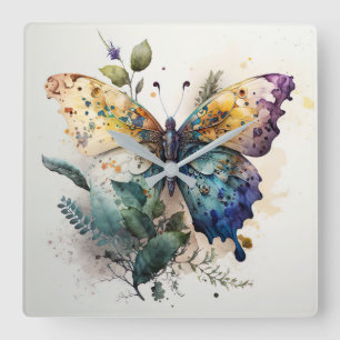 Watercolor Butterfly and Foliage Square Wall Clock