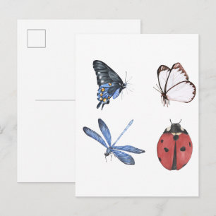 Watercolor butterfly and insects postcard