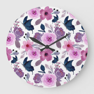 Watercolor butterfly and pink flowers large clock