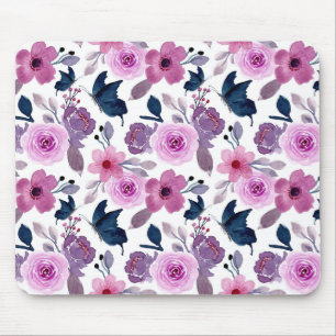 Watercolor butterfly and pink flowers mouse pad