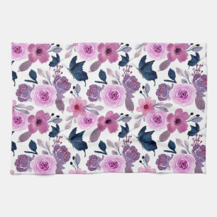 Watercolor butterfly and pink flowers tea towel