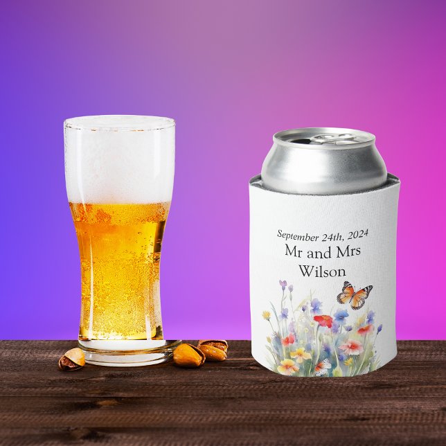 Watercolor Butterfly and Wildflowers Wedding  Can Cooler (Creator Uploaded)