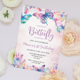 Watercolor Butterfly Baby Girl's 1st Birthday Invitation
