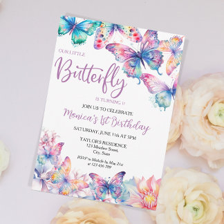 Watercolor Butterfly Baby Girl's 1st Birthday Invitation