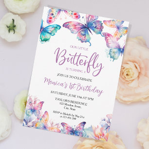 Watercolor Butterfly Baby Girl's 1st Birthday Invitation