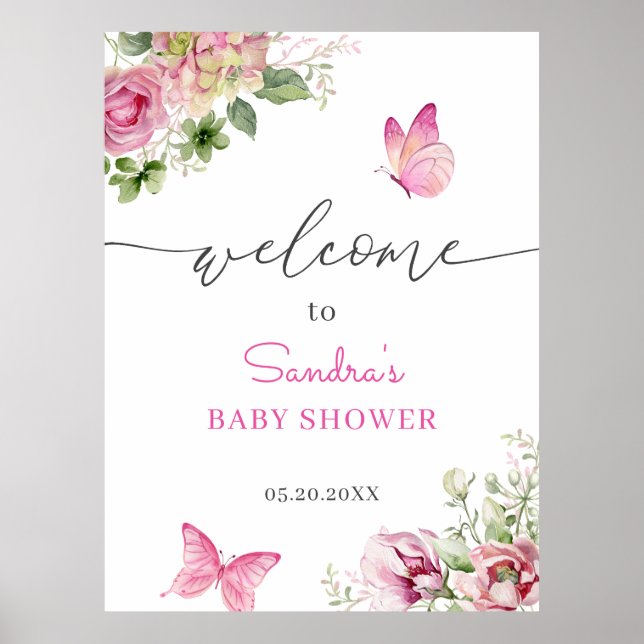 Watercolor Butterfly Baby Shower Welcome Poster (Front)