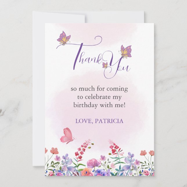 Watercolor Butterfly & Bees Purple Wildflower  Thank You Card (Front)