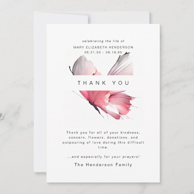 Watercolor Butterfly Bereavement Funeral Thank You Card (Front)