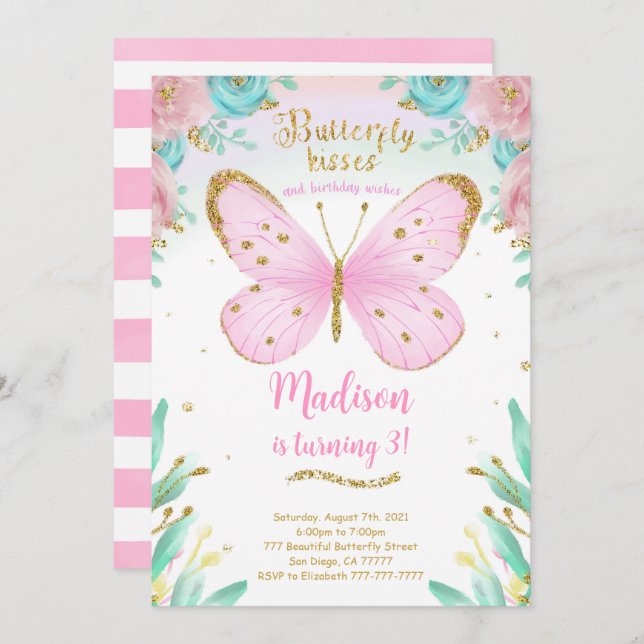 Watercolor Butterfly Birthday Invitation (Front/Back)