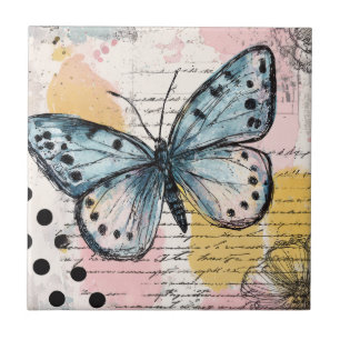 Watercolor Butterfly Blue Boho Nature Art Ceramic Tile