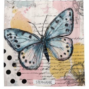 Watercolor Butterfly Blue Boho Nature Art Shower Curtain