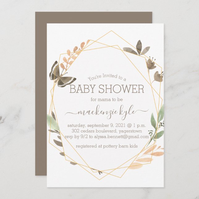 Watercolor Butterfly Boho Floral Baby Shower Invitation (Front/Back)