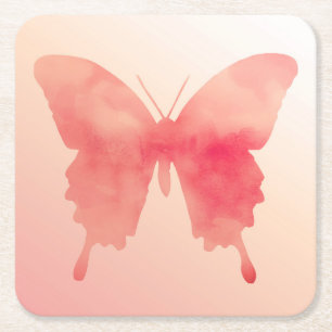 Watercolor Butterfly - Coral and Peach Square Paper Coaster