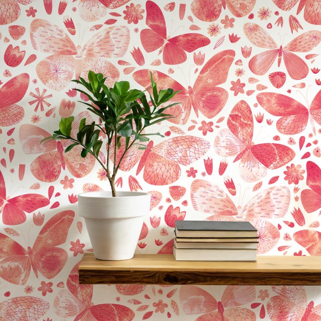 Watercolor Butterfly Coral Pink Art Wallpaper (Coral blush pink and white watercolor butterfly pattern art wallpaper)