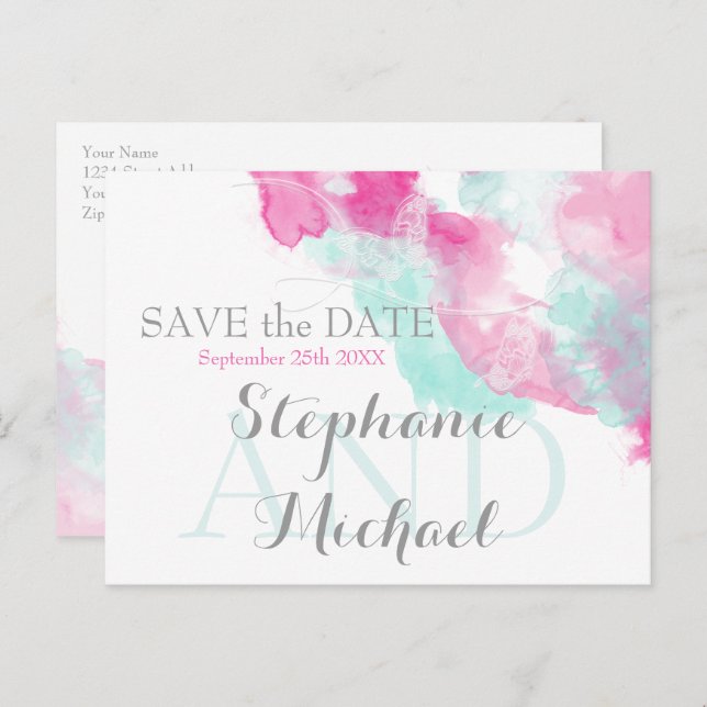 Watercolor Butterfly Cranberry Mint SavetheDate Announcement Postcard (Front/Back)