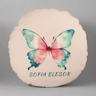 Watercolor Butterfly Elegant Blush Pink Name Round Cushion