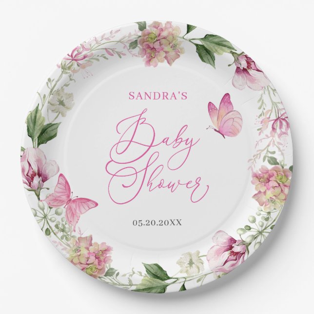 Watercolor Butterfly Floral Baby Shower Paper Plate (Front)