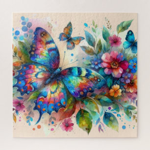 Watercolor Butterfly Floral Flowers Blue Pink Jigsaw Puzzle