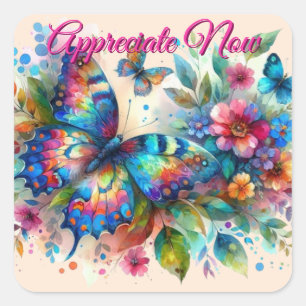 Watercolor Butterfly Floral Flowers Blue Pink Square Sticker
