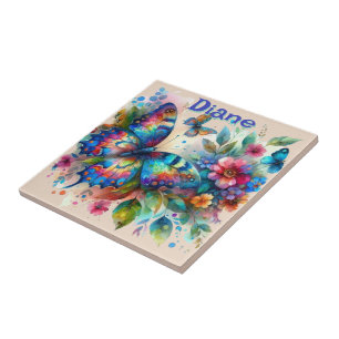 Watercolor Butterfly Floral Garden Personalised Ceramic Tile