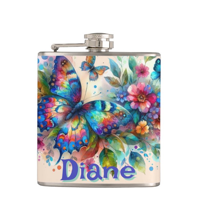 Watercolor Butterfly Floral Garden Personalised Hip Flask (Front)