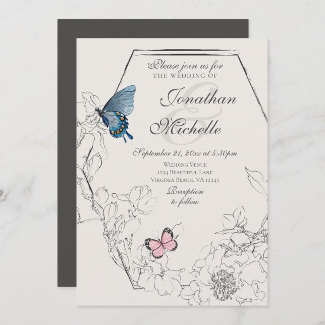 Watercolor Butterfly Floral Geometric Wedding Invitation (Front/Back)