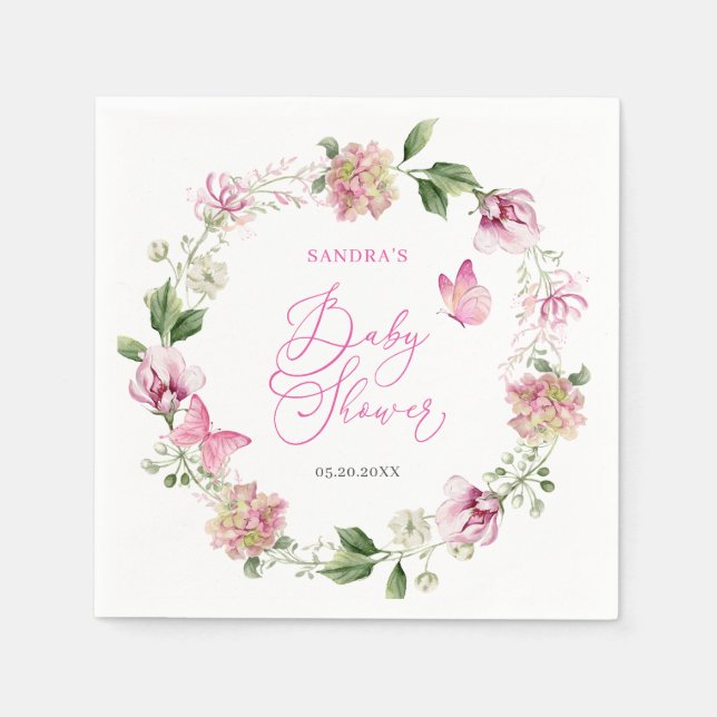 Watercolor Butterfly Floral Girl Baby Shower Napkin (Front)