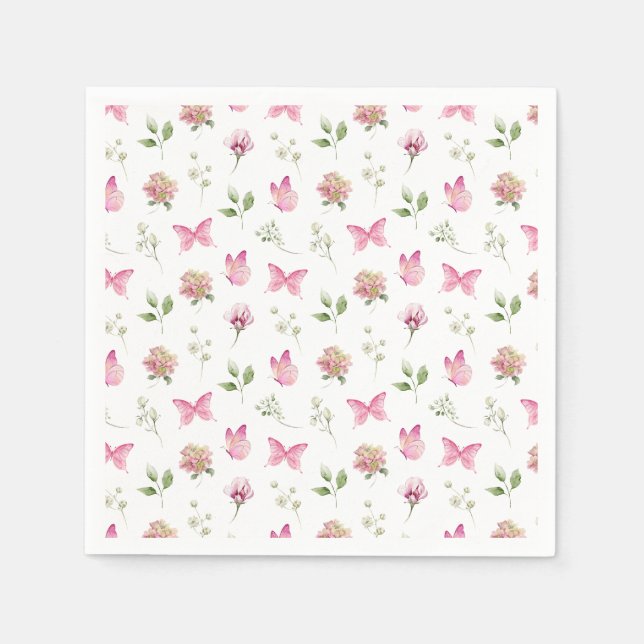 Watercolor Butterfly Floral Pink White Baby Shower Napkin (Front)
