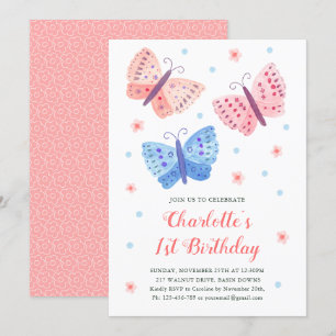 Watercolor Butterfly Flowers Girl 1st Birthday Invitation