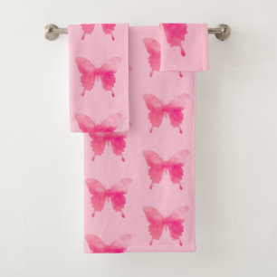 Watercolor Butterfly - Fuchsia and Pastel Pink Bath Towel Set
