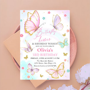 Watercolor Butterfly Kisses and Birthday Wishes Invitation