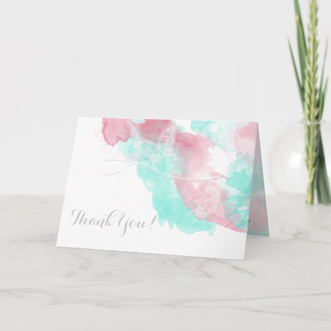 Watercolor Butterfly Minted Blush Wedding Thank You Card (Front)