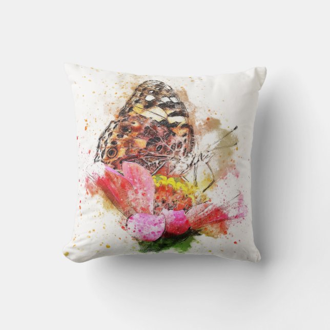 Watercolor Butterfly on Flower Cushion (Front)